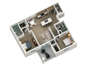 Floor plan for 2 beds, 2 baths, 1005 sqft